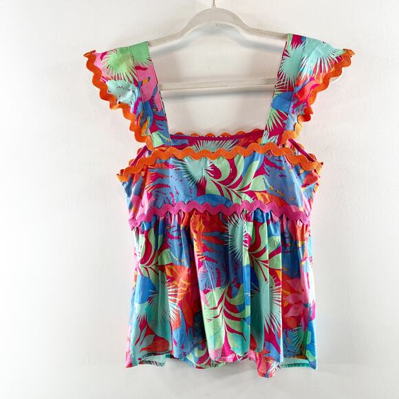 Greylin Skyler Ruffle Scallop Trim Babydoll Square Neck Tropical Top Pink Small - Picture 6 of 8